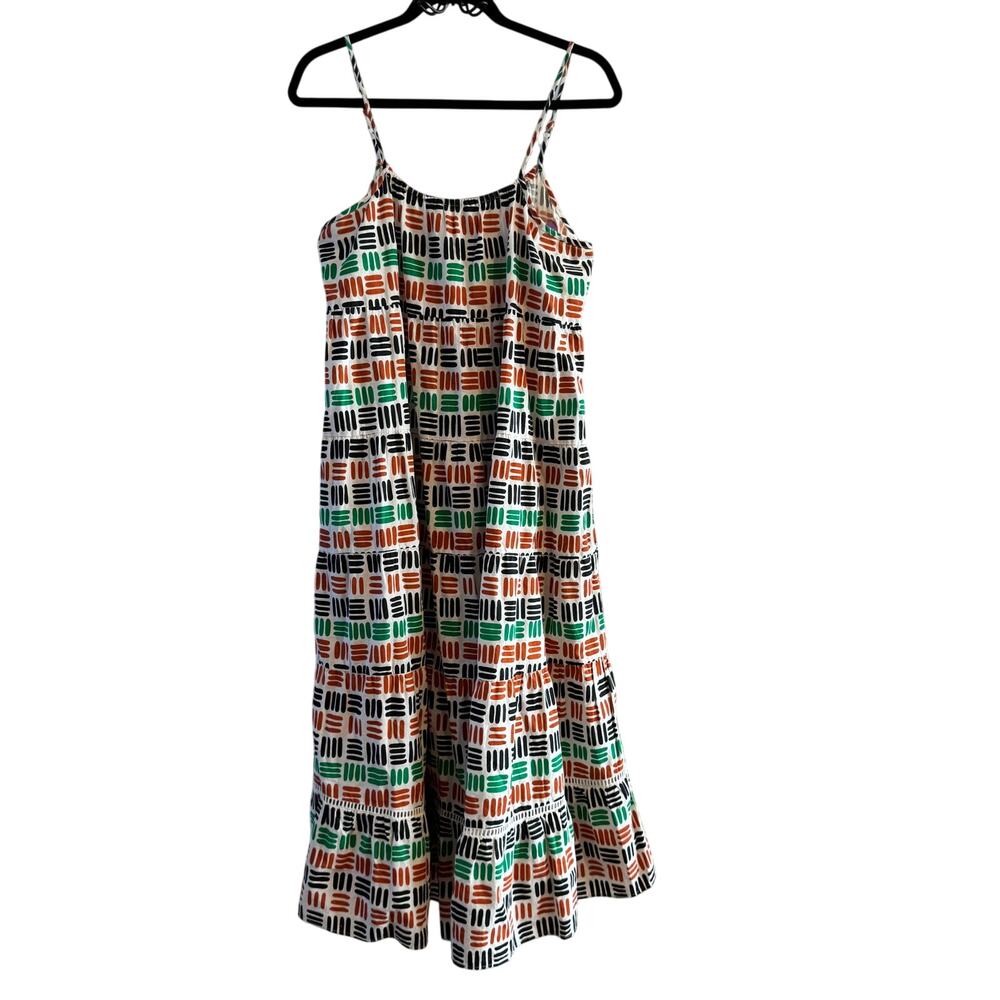 The Odells Carolina Dress Cream Black Green Brown Linen Pocket Tiered Strap Sz M